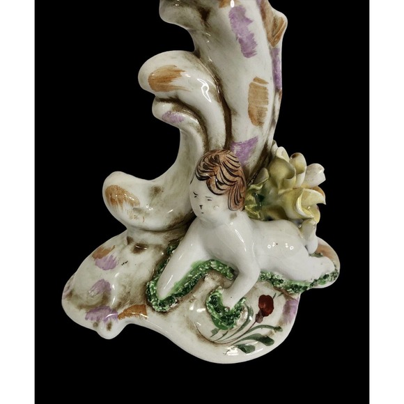 Capodimonte Style Porcelain Candlestick Portugal Angel Roses - Picture 2 of 12